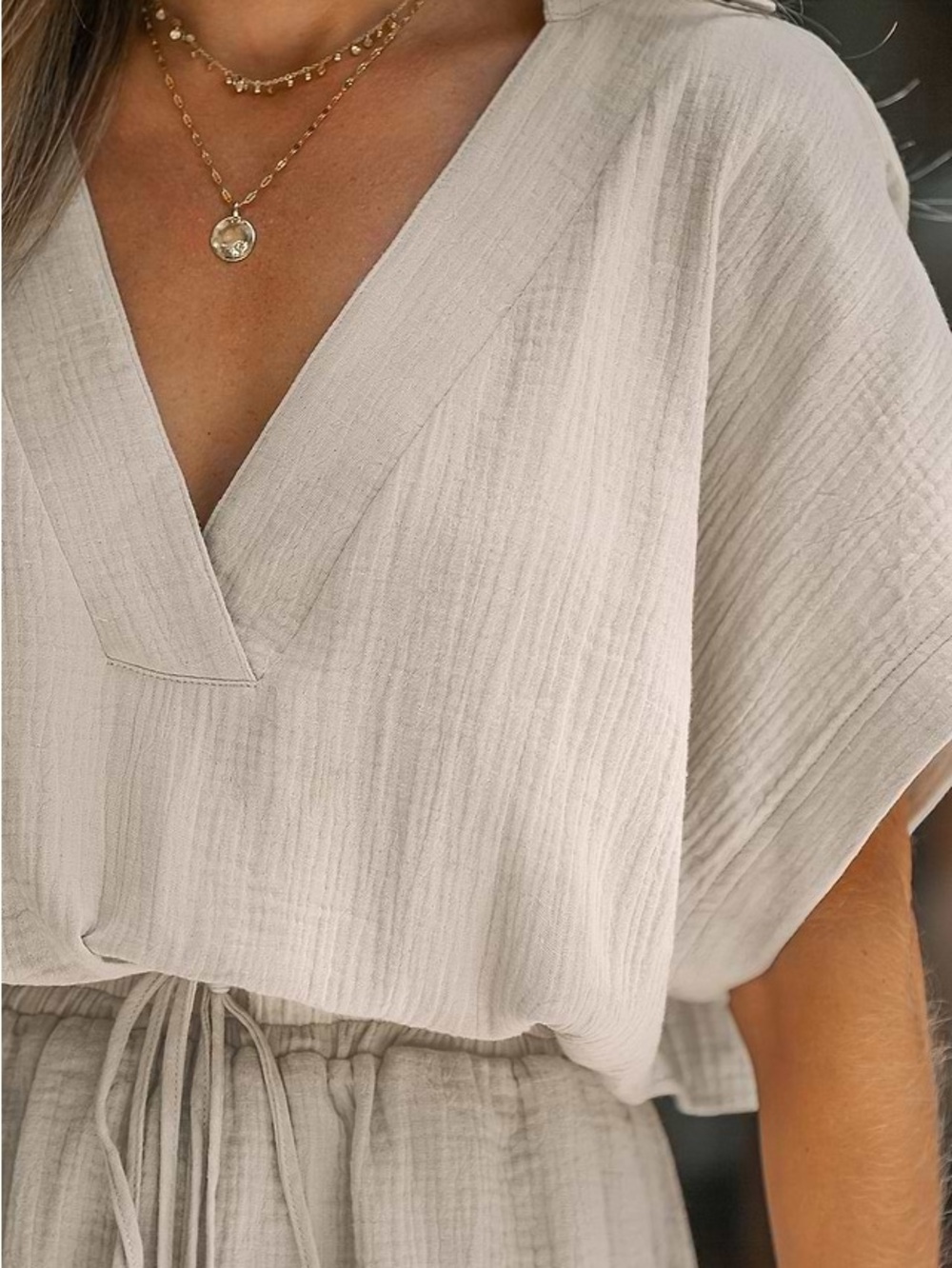 nwt CUPSHE 100% Cotton Drawstring Plunging V-Neck Romper in Neutral - XL - Picture 6 of 13